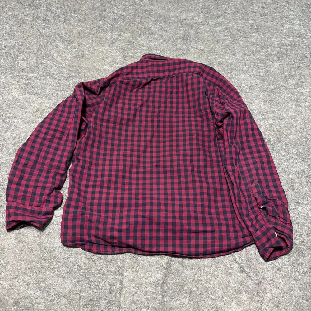 J Crew Mens Shirt Size L Red Black Check Flex Washed Slim Untucked Long Sleeve